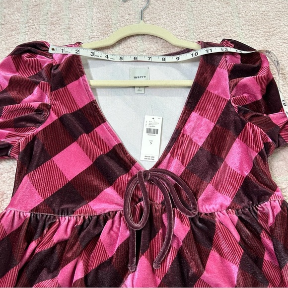 NWT Maeve Velvet Pink Maroon Plaid Puff Sleeve Top Low Cut Size Small - Picture 8 of 12